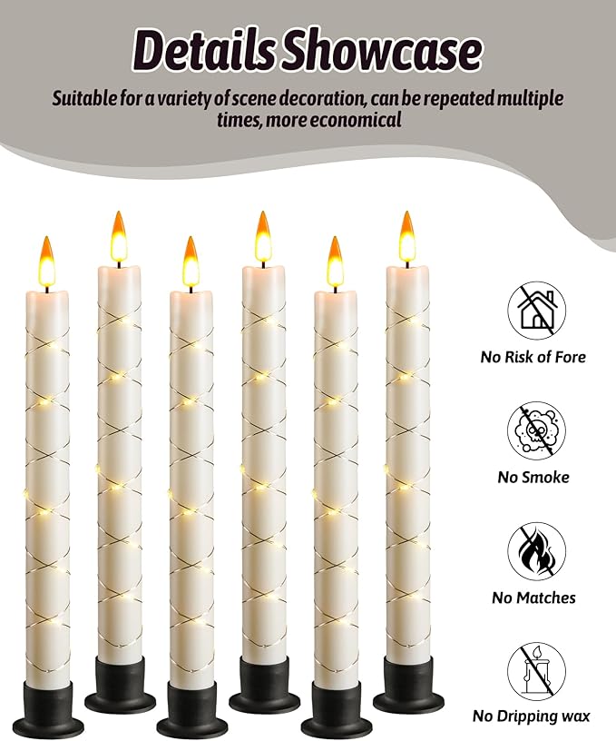 Da by 6 Flameless Window Candles with Remote Control & Timer, Surround String Lights, Battery Powered, 9.6" Christmas Candles, Free 6 Black Bases for Home Décor
