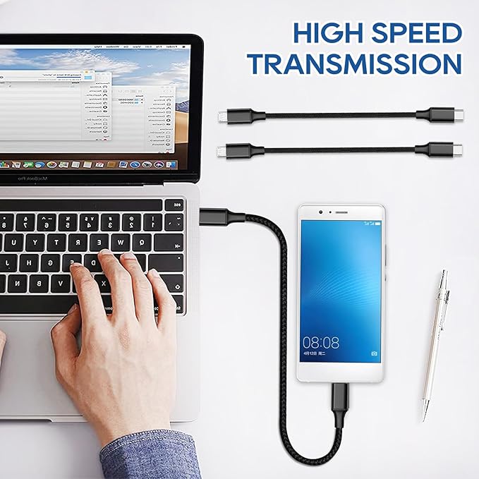 UCEC 3PCS Short USB-C to USB Cable, Braided Type-C Cable, Compatible With: Tablet, Camera, Speaker Phone - Black