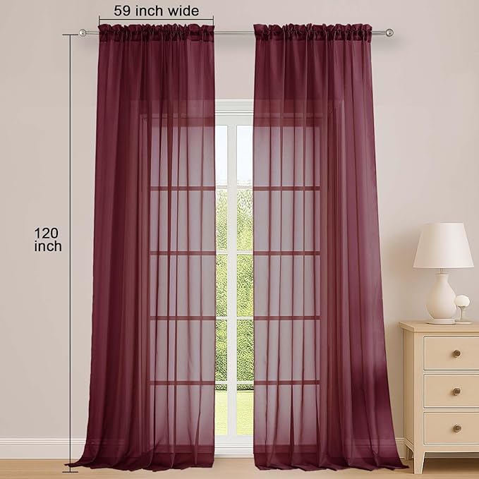 OWENIE Burgundy Sheer Curtains 120 Inches Long 2 Panels Set, Airy Lightweight Sheer Burgundy Curtains for Living Room Bedroom, Farmhouse Filmy Rod Pocket Drapes, 2 Pcs, Each 59" Wx120 L Inch