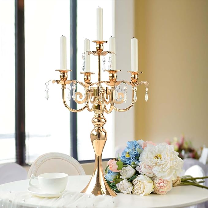 20.3'' Tall 5 Arm Gold Candelabra Centerpiece for Table, Metal &Crysyal Candle Holder, Retro Candelabra/Candlestick Table Centerpieces for Party, Events, Home, Wedding Decor (1pc, Gold)
