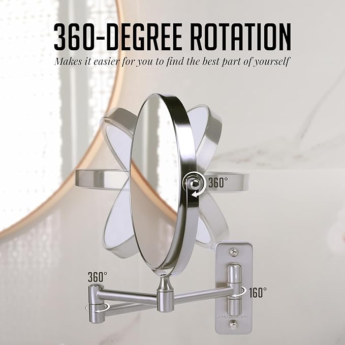 OVENTE 7" Wall Mounted Makeup Mirror with 1X/10X Magnification, Double Sided Magnifying Round Bathroom Vanity Mirror, 360° Swivel Design, Extendable and Folding Arm, Nickel Brushed MNLFW70BR1X10X