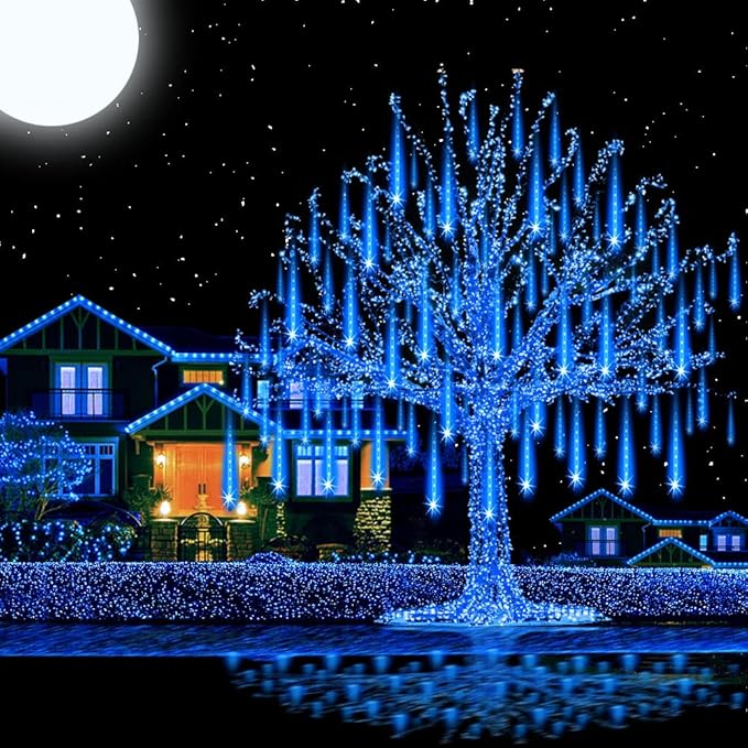Aukora Christmas Lights Outdoor，LED Meteor Shower Lights 11.8 inch 8 Tubes 192leds Rain Drop Light, Icicle Snow Falling Light for Christmas Tree Halloween Party Holiday Thanksgiving Decoration(Blue)