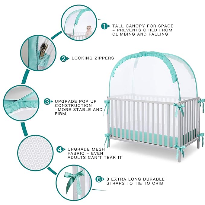 Crib Pop Up Tent Baby Safety Mesh Cover Mosquito Net Toddler Bed Canopy Netting Cover Protect Baby from Biting and Falling, Emerald, 51 x 51 x 27 Inch
