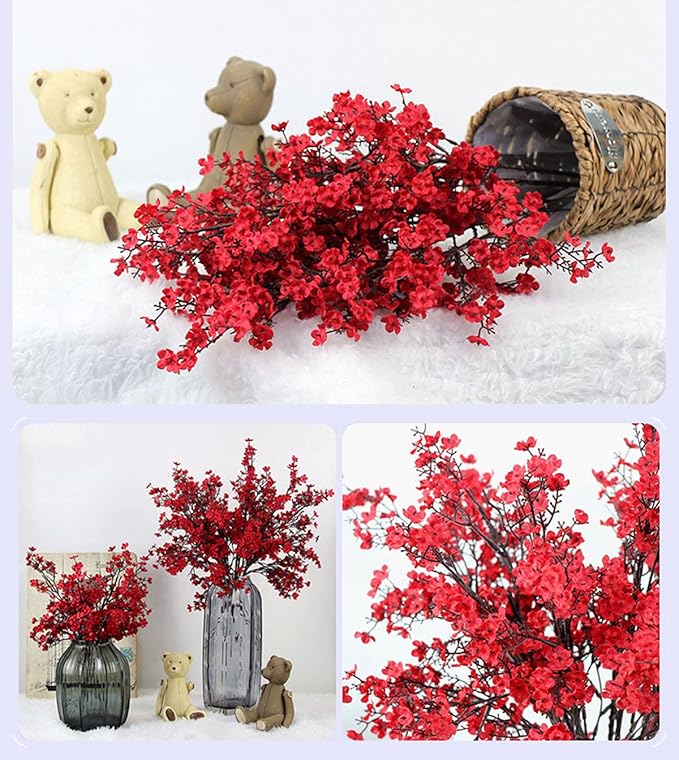 JAKY-Global Babys Breath Fabric Cloth Artificial Flowers 12 Bundle European Fake Silk Plants Decor Wedding Party Decoration Bouquets Real Touch DIY Home Garden (Red 12pcs)