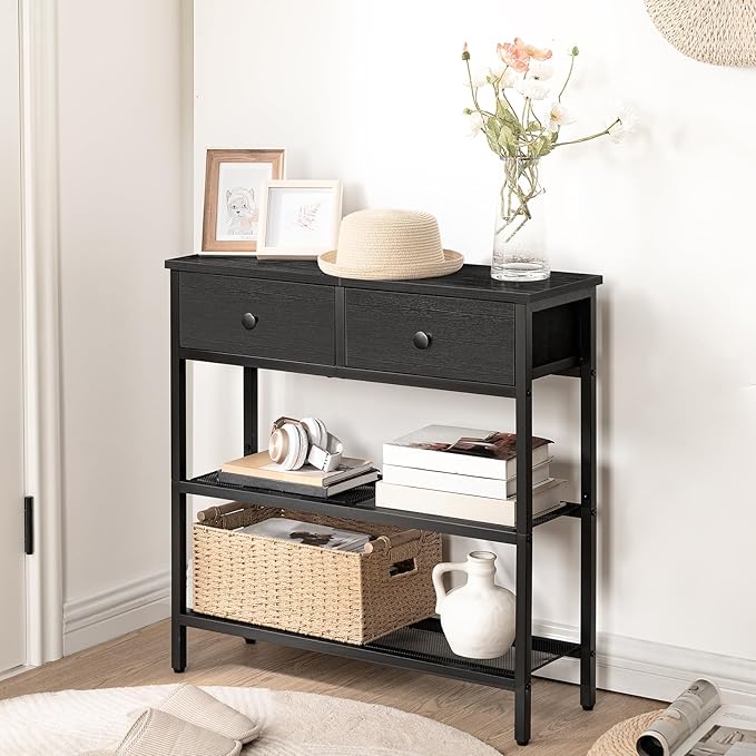HOOBRO 29.5" Narrow Console Table with 2 Fabric Drawers, Sofa Table, Small Entryway Table with 3-Tier Storage Shelves, Behind Couch Table, for Living Room, Hallway, Black BB72XG01