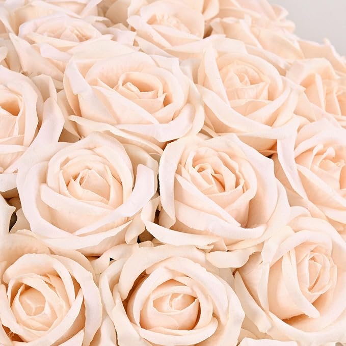 BLEUM CADE 50 Pcs Champagne Roses Artificial Flowers, Real Touch Velvet Roses Fake Flowers Bulk, Artificial Roses Bouquet with Long Stems Bridal DIY Wedding Party Centerpiece Decorations