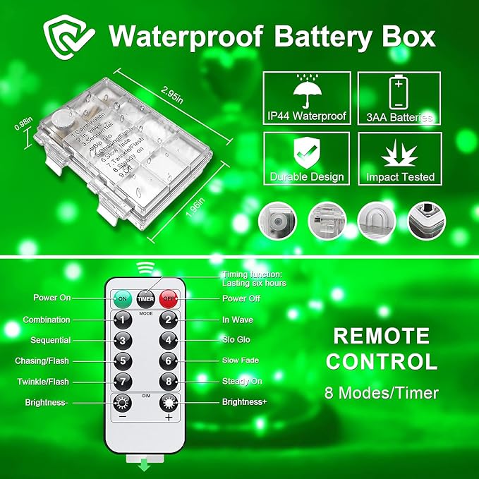 JMEXSUSS 33ft 100 LED Green Battery Operated Lights with Remote, Green Christmas Lights Battery Operated, Christmas String Light Indoor Outdoor for Tree House Yard Xmas Decor