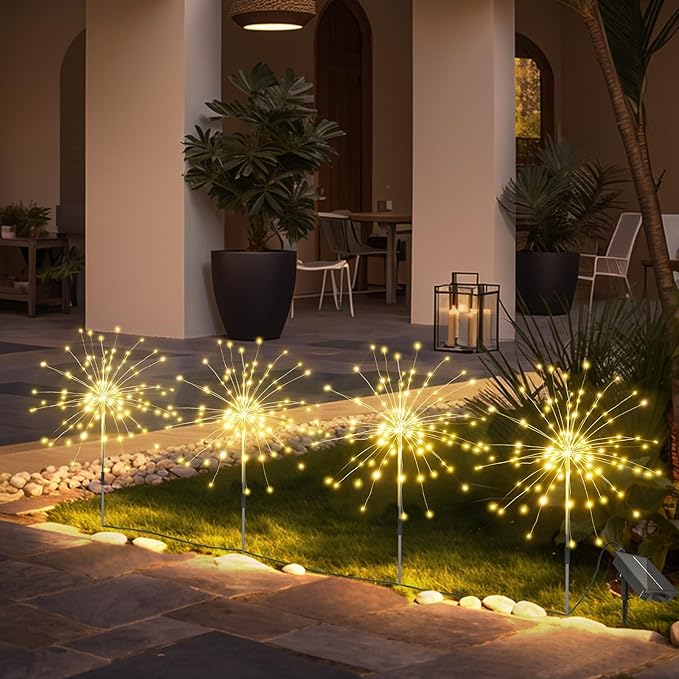 Anordsem Solar Fireworks Lights Outdoor: 4 Bendable Copper Wire 120 LEDs String Lighting - Waterproof DIY Warm Decoration for Yard Garden Proch - Gardening Gifts for Garden Lovers