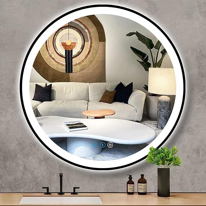 32 Inch Black Frame Round LED Bathroom Mirror Anti-Fog Smart Memory 3 Color Adjustable Brightness Frontlit 32" Black Framed Circle Round Lighted Vanity Mirror for Bathroom Wall Mounted