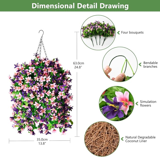 INQCMY Artificial Hanging Flowers in Basket for Outdoor Summer Decoration,4pcs Faux Silk Violet in Planter UV Resistant for Outside Home Patio Garden Proch Deck Decor(Pink Purple)