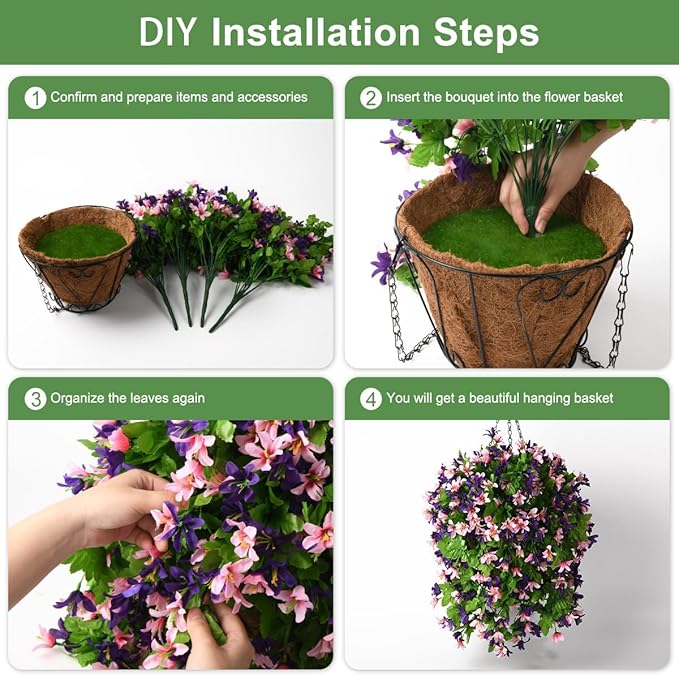 INQCMY Artificial Hanging Flowers in Basket for Outdoor Summer Decoration,4pcs Faux Silk Violet in Planter UV Resistant for Outside Home Patio Garden Proch Deck Decor(Pink Purple)