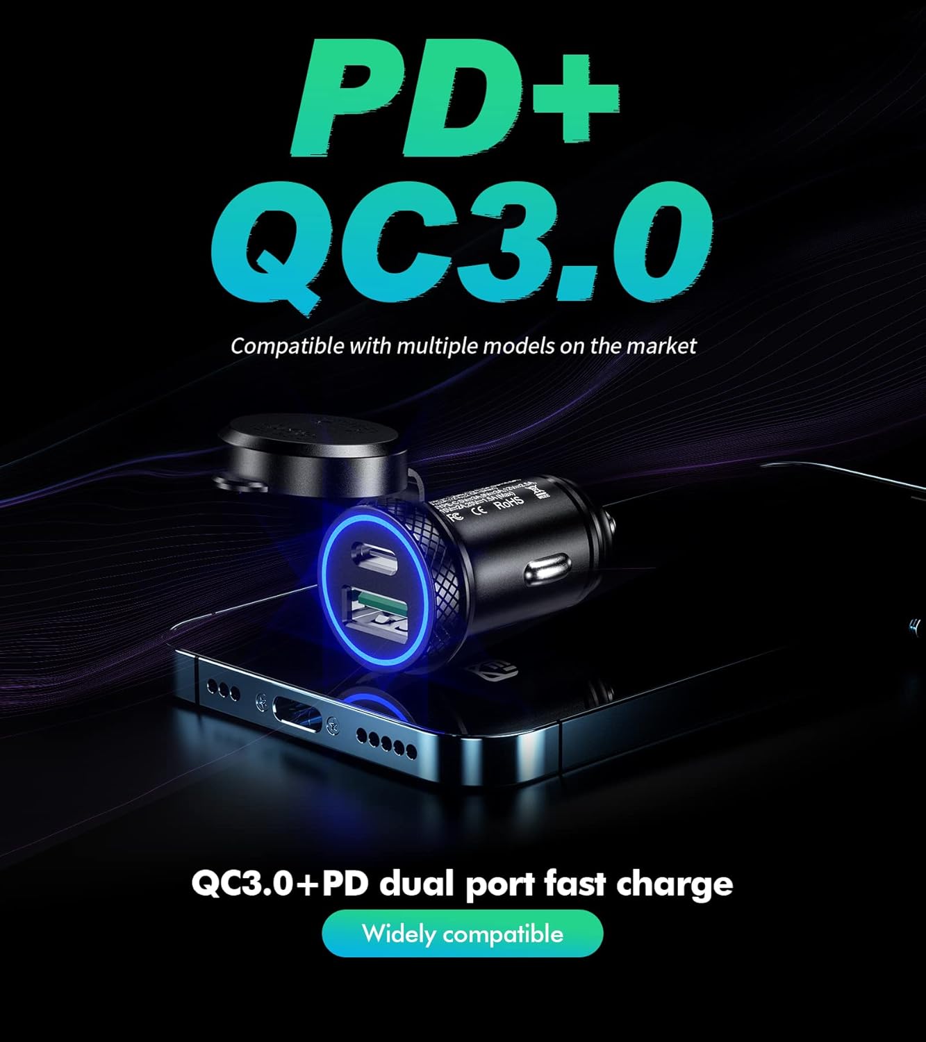 KEWIG USB C Car Charger, 60W/5A Super Mini Fast Adapter QC3.0&PD Type C Dual Port Quick Charge for iPhone 13/12 Pro/Max