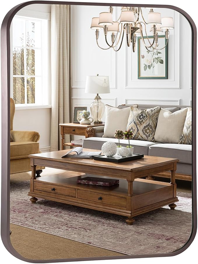 Dark Bronze Rectangle Bathroom Mirror, 30x36 Inch Brushed Titanium Metal Framed Rectangular Wall Mirror for Bathroom Vanity, Living Room, Bedroom, Farmhouse, Hangs Vertically or Horizontally