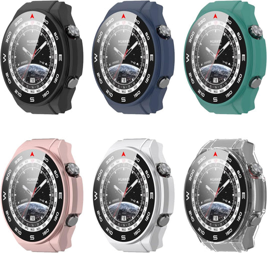 FitTurn PC+Tempered Glass Screen Protector Case for Huawei Watch Ultimate, Full Coverage Bumper (6 Pack)