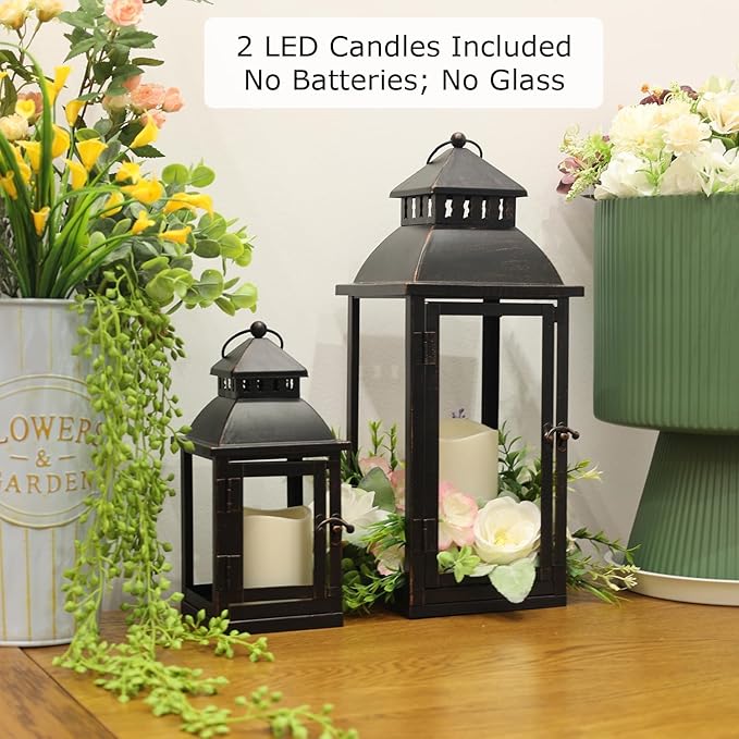 DECORKEY LED Lanterns Decorative Outdoor&Indoor, Set of 2 (17’’&11’’) Large Black Metal Lantern Decor with bronze brush, Candle Holder for Porch, Patio, Garden, Balcony, Wedding Decorations (No Glass)
