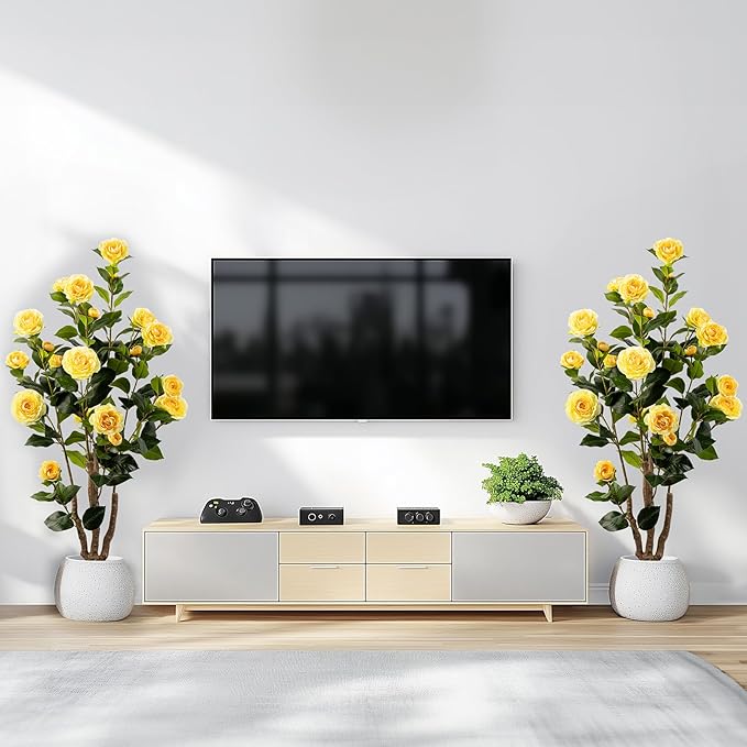 Artificial Camellia Tree 2 Pack, Artificial Plants Outdoor Faux Plant in Cement Pot Fake Yellow Silk Camellia Tree Plants for Home House Living Room Office Decor (Yellow (2 Pack))