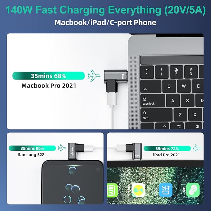 HanCenDa 140W USB C Magnetic Adapter 2Pack, 24Pins USB C 90 Degree Adapter with 20Gbps 8K 60Hz Video for Thundebolt 3 MacBook Pro/Air, Tablet, Laptop, iPhone 15/16 Pro/16 Plus/16 Pro Max