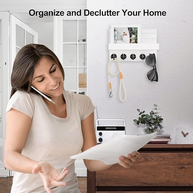 Key Holder for Wall, Decorative Key and Mail Holder with Shelf Has Large Key Hooks for Bags, Coats, Umbrella – Paulownia Wood Key Hanger with Mounting Hardware (9.8”W x 6.7”H x 4.2”D)
