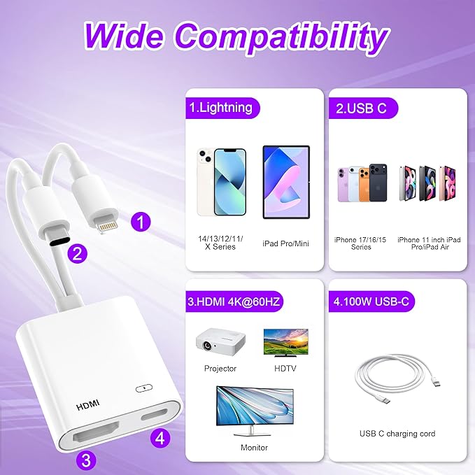 2 in 1 USB-C and Lightning to HDMI Adapter, 4K@60Hz Lightning/Type C Digital AV HDMI Adapter Cord Compatible with iPhone 17 16 15 14 13 iPad MacBook for HDTV/Projector/Monitor