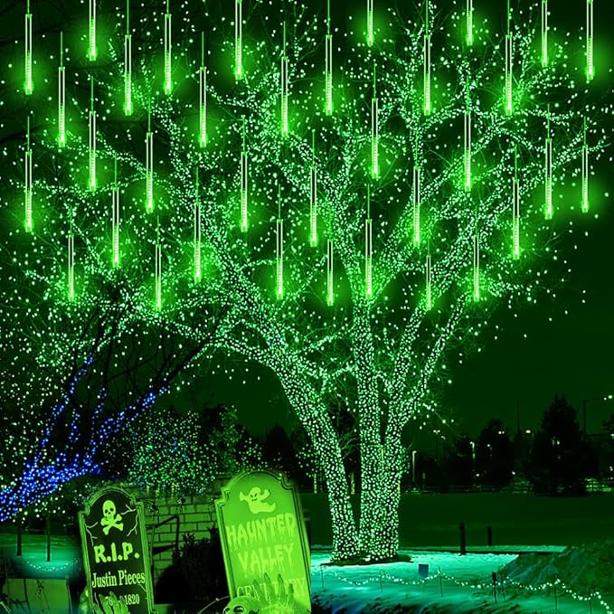 Kwaiffeo Halloween Lights Outdoor, Meteor Shower Lights for Xmas Halloween Decorations Outdoor Party St. Patrick's Day, UL Plug, Green