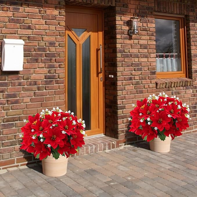 Artificial Flowers for Outdoors Red Christmas Poinsettia Flowers 12 Bundles Mixed Fake Plants UV Resistant Faux Flowers for Outdoor Planters Garden Porch Patio Home Winter Decor