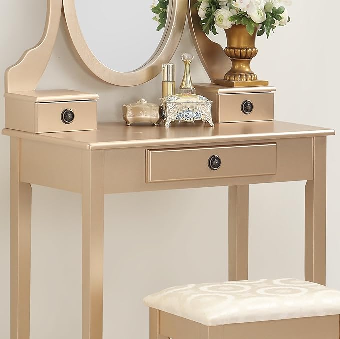 Roundhill Furniture Moniys Wood Moniya Makeup Vanity Table and Stool Set, Gold