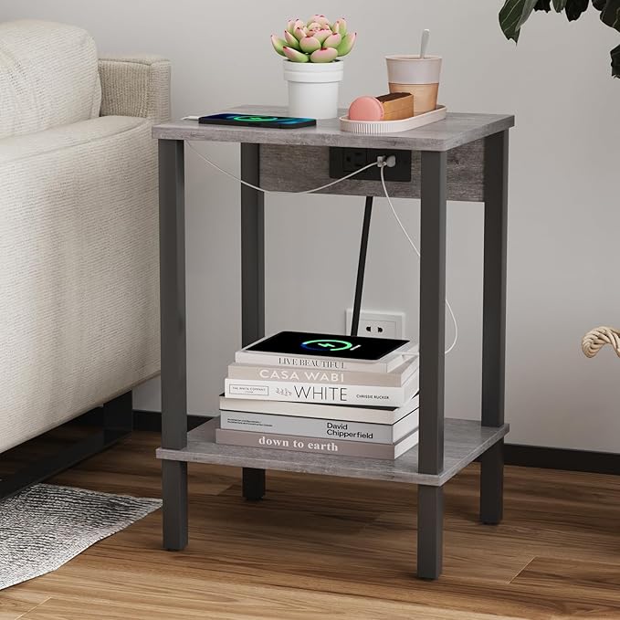 VIMBER Set of 2 End Table with Charging Station, Narrow Side Table with USB Ports and Outlets, Nightstands with 2-Tier Storage Shelves, Sofa Table for Small Space Living Room Bedroom, Grey