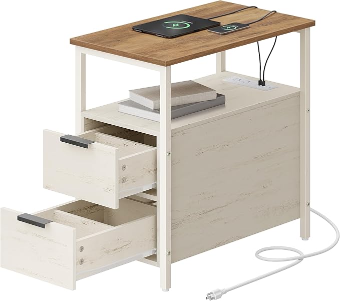 VASAGLE Side End Table with Charging Station, Slim Nightstand with 2 Drawers, Narrow Bedside Table for Living Room, Small Spaces, Honey Brown and Rustic White ULET321W01S