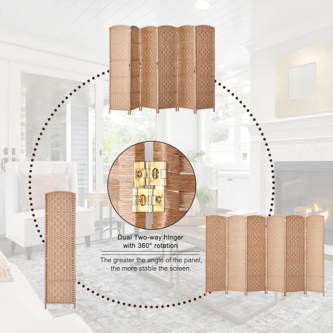 Rose Home Fashion Room Divider, 6 ft Tall Room Dividers and Folding Privacy Screens, 16in Privacy Screen 6 Panel Natural Space Temporary Wall Foldable Partition Separation