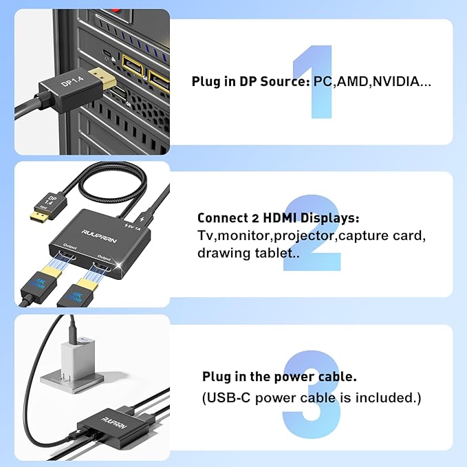 4K@60Hz DisplayPort to Dual HDMI Adapter, DP 1.4 Source to HDMI 2.0 Splitter for Dual Monitors, Display Port to HDMI Splitter 1 in 2 Out Extended Display, for PC,NVIDIA, AMD Graphic Card