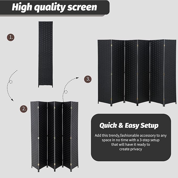 FDW Room Divider 6 Panels Wood Mesh Hand-Woven Design Indoor Folding Portable Partition Screen, Coal Black