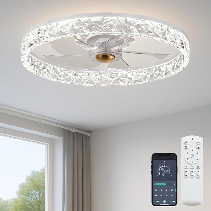 20'' Ceiling Fan with Light, Upgraded Low Profile Fan, Flush Mount Ceiling Fan, 6 Speeds, Dimmable LED, App & Remote Control, Quiet DC Motor, for Bedroom, Living Room, F098 White