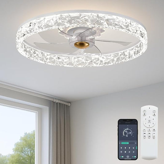 20'' Ceiling Fan with Light, Upgraded Low Profile Fan, Flush Mount Ceiling Fan, 6 Speeds, Dimmable LED, App & Remote Control, Quiet DC Motor, for Bedroom, Living Room, F098 White