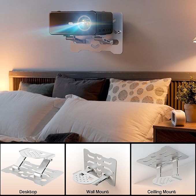 Mini Desktop Projector Stand Adjustable Table Mount with 1/4" Screw Mini Holder Bracket with Cable Ties,180° Dual-Axis Rotation, Multi-Hole Design, Anti-Slip Pads for Secure Projector Holder
