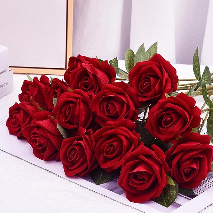 BLEUM CADE 200 Pcs Red Roses Artificial Flowers, Real Touch Velvet Roses Fake Flowers Bulk, Artificial Roses Bouquet with Long Stems Bridal DIY Wedding Party Centerpiece Decorations
