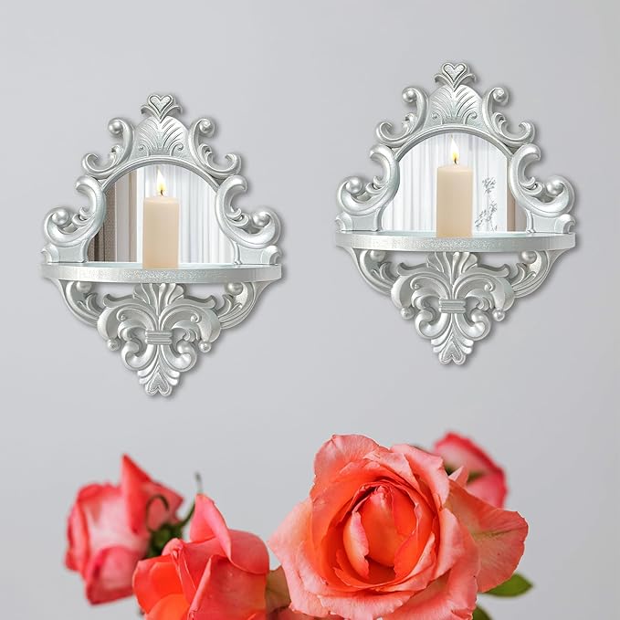 Three-Dimensional Relief Candle Sconces Set 2 Rustic Wall Mount Candle Holders Wood Hanging Wall Decor Mirrored Wall Art Hand Carved Home Decoration Silver