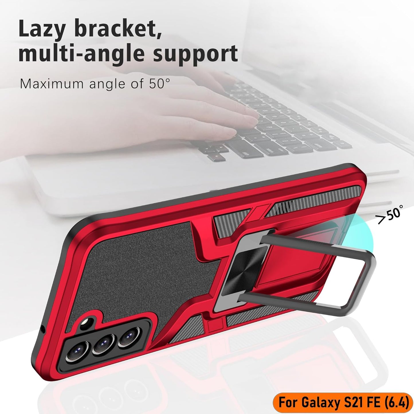 LMDAMZ Galaxy S21 FE 5G Case, Anti-fall Heavy Duty Military Grade Shockproof Kickstand, 6.4 Inch-Red