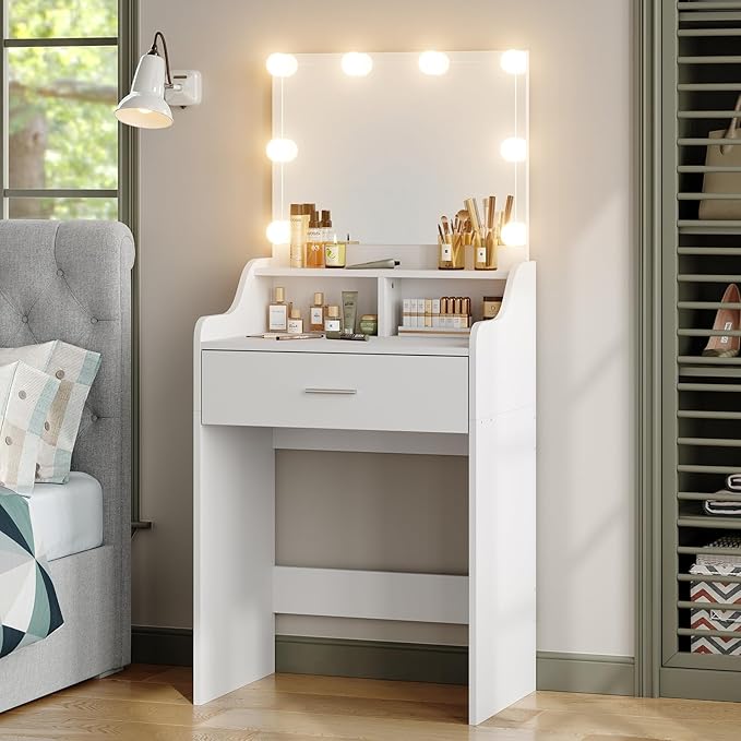 Furniouse Vanity Desk with Mirror and Lights, 23.6" Small Makeup Vanity Table Set with Storage, Drawer, 3 Lighting Modes Adjustable Brightness for Bedroom
