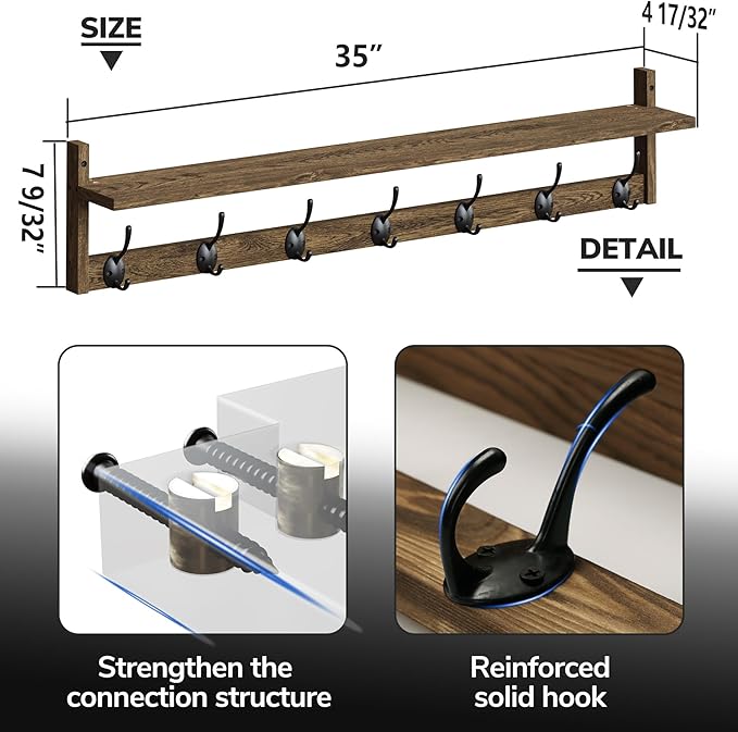 BAMEOS 35" L Wooden Coat Rack Wall Mount, Large Wall Coat Hooks with Shelf, Wall Hanging Shelf with 7 Dual Metal Hooks for Entryway, Bathroom, Kitchen, Living Room, Bedroom