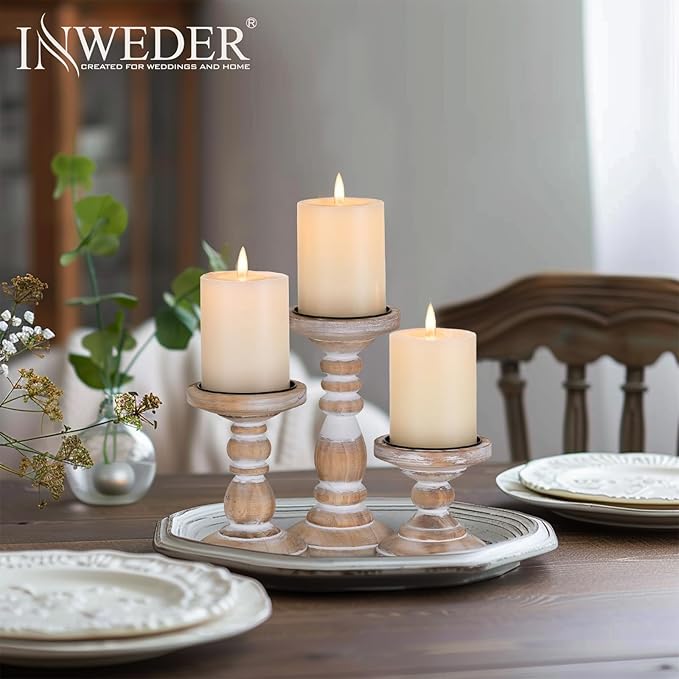 Wood Pillar Candle Holder: 3Pcs Rustic White Candle Holders for Pillar Candles Wood Candle Holders Distressed Wooden Farmhouse Candle Holder Large Rustic Candle Holder for Fireplace Table