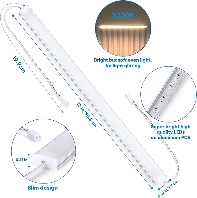 Litever Under Cabinet Lighting Kit Plug in, 6 pcs 12 Inches LED Light Bars. Super Bright Dimmable Linkable for Kitchen Undercabinet Counter Top Shelf Pantry Closet Display Lighting. Warm White 3000K