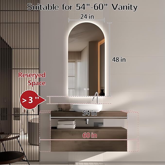 Niccy Arched LED Bathroom Mirror, 48x24 Inch Arch Frameless Backlit Mirrors for Wall Arched Lighted Vanity Mirrors Defogger and 3 Color, Explosion-Proof, HD Glass and IP65 Waterproof