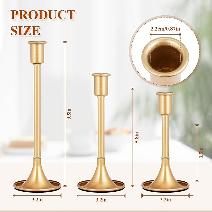 12 Pcs Gold Taper Candle Holders Lengthen with Anti-Slip Pad Vintage Low Metal Candles Metal Gold Candlestick Holder Set for Table Centerpiece,Weddings, Dinners Christmas Decor, 3 Sizes