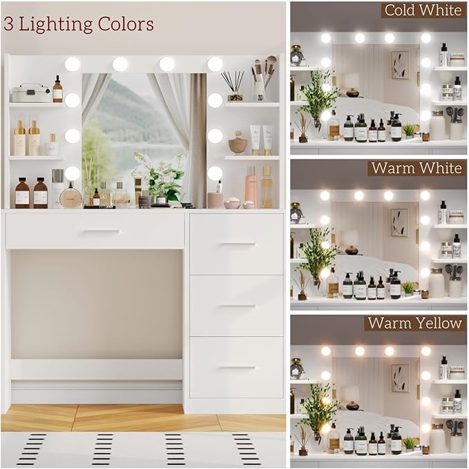 Irontar Vanity Desk, Makeup Vanity with 10 LED Lights & 4 Drawers, Brightness Adjustable, Dressing Table with 6 Open Storage, Makeup Table for Women, White WDT003W