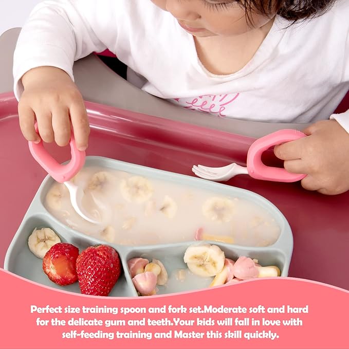 Baby Self Feeding Training Spoon and Fork Set with Travel Case, BPA-Free Cute Circle Toddler Training Utensils, Silicone/ABS Great Tableware Set Spoons Fork for Kids(Yellow)