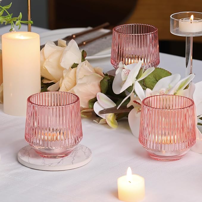 12 Pcs Large Pink Candle Holder- 3.15"×3.15" Ribbed Pink Vorive Candle Holders for Pink Bridal Shower Decorations, Girl Baby Shower Decorations, Pink Glass Candle Holder for Table Centerpiece