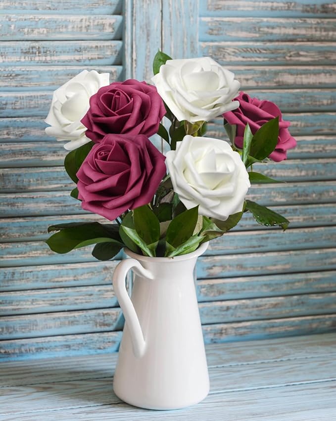 JOYLEX Artificial Flowers Realistic Roses, 50 pcs Real Looking Fake Roses with Stem for DIY Wedding Bouquets Centerpieces Bridal Shower Party Home Romantic Decorations (White & Wine Red)