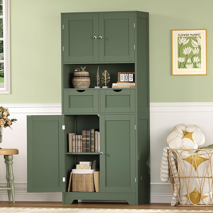 Iwell 58" H Tall Bathroom Storage Cabinet with 2 Drawers & 2 Adjustable Shelves, Bathroom Cabinet with 4 Doors, Tall Cabinet for Living Room, Dining Room, Entryway, Forest Green