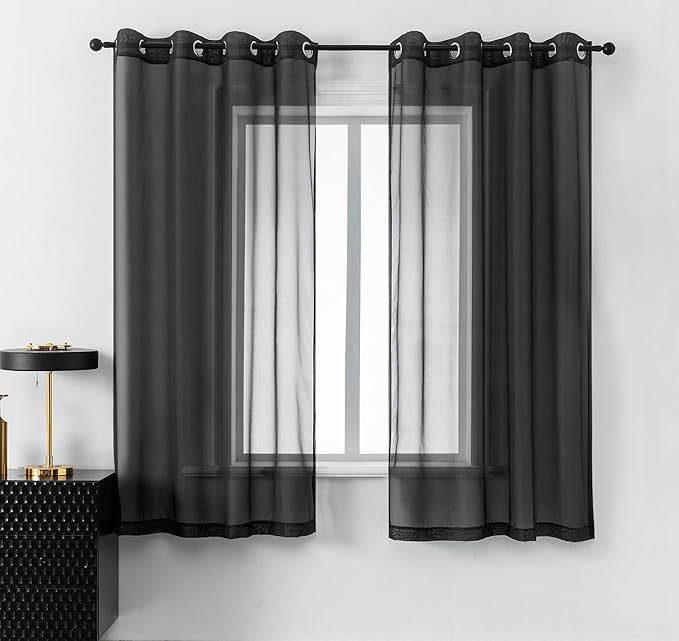 DUALIFE Black Sheer Curtains 54 Inch Length for Basement Windows Set of 2 Panels Grommet Semi Translucent Short Curtains for Small Windows Kitchen Bedroom Bathroom 52x54 Inches Long