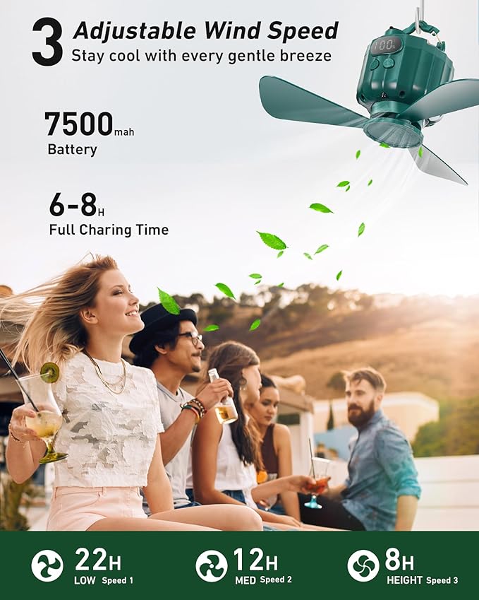 DUKUSEEK Tent Ceiling Fans for Camping Hanging, Portable Tent Fans with Light and Remote Control, Power Bank, USB Battery Operated Camping Fan with Hanging Hook for Outdoor, Car, RV